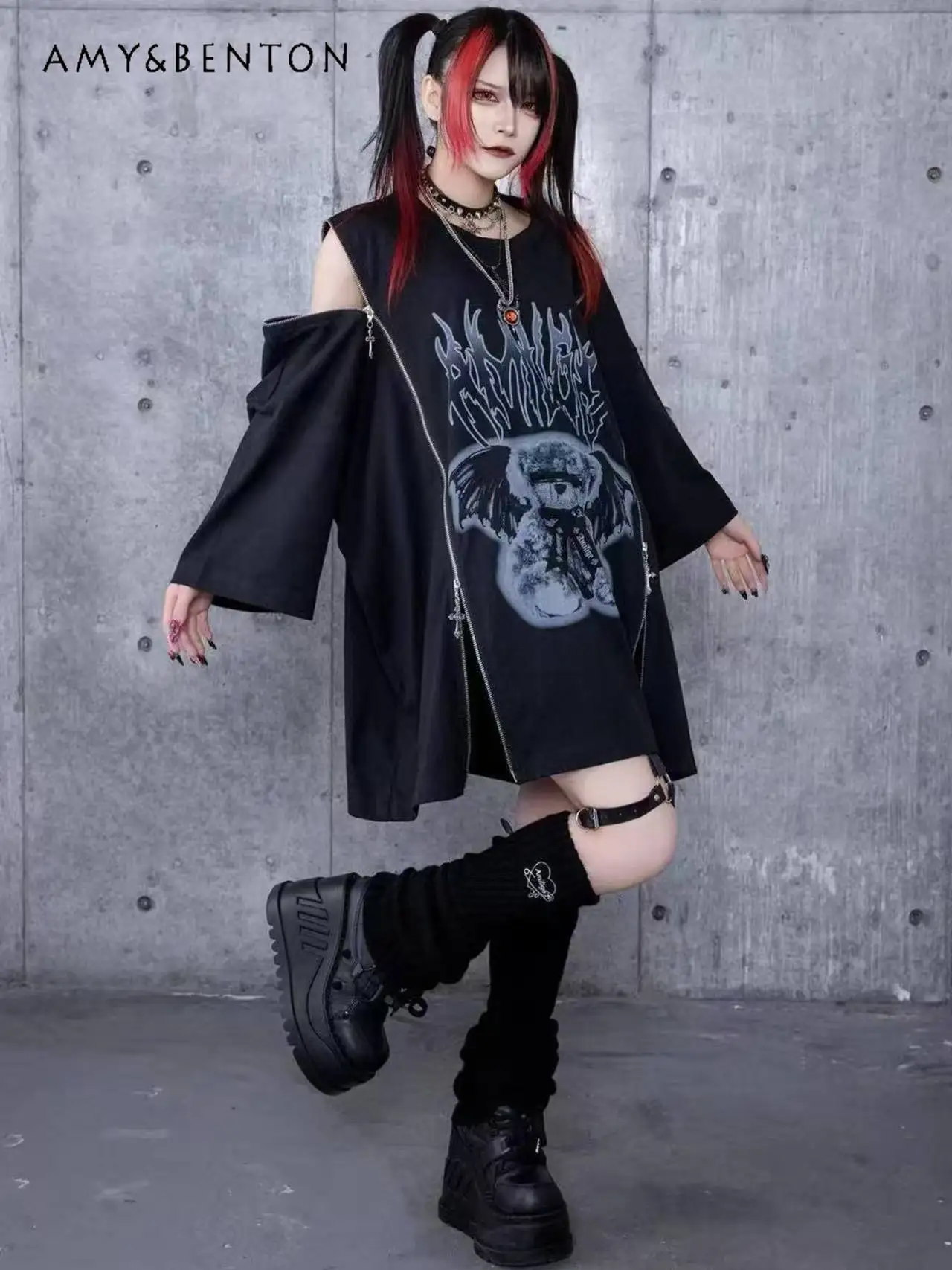 

Subculture Cross Zipper Bat Sleeve Cartoon Print Oversized Dress for Women Goth Punk Style T-shirt Skirt Mine Series Mini Dress