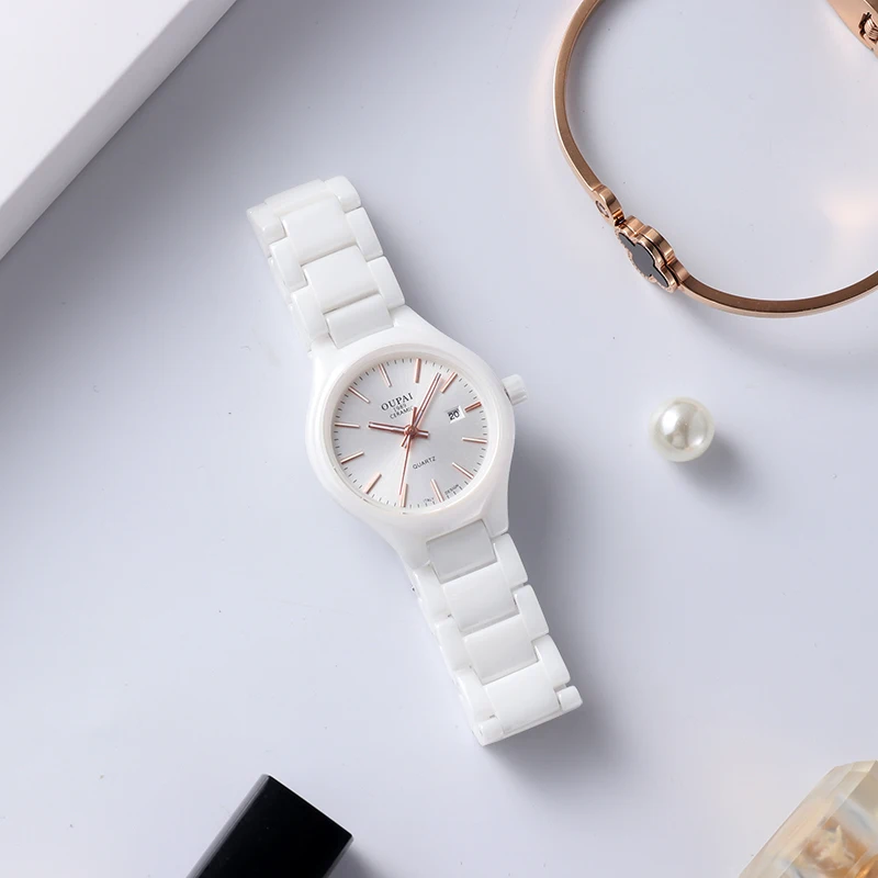 OUPAI White Ceramic Women's Watch Round Dial  Luminous Small and Exquisite  Waterproof Calendar Fashion and Casual