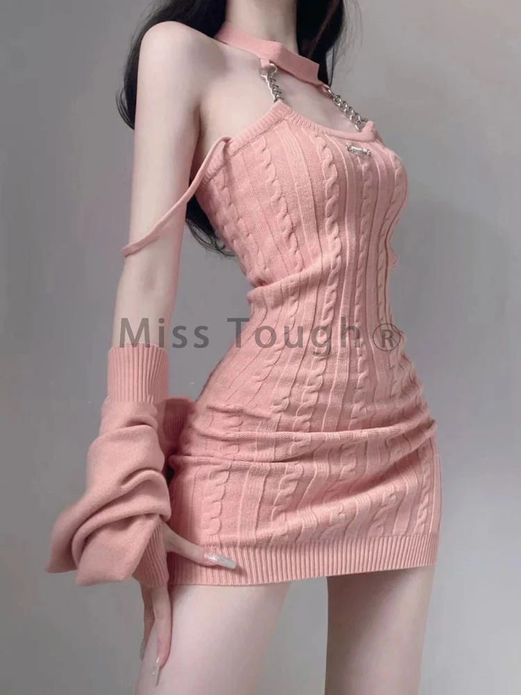 Pink Korean Sexy Two Piece Set Women Chain Sweet Vintage Mini Dress Suit Female Long Sleeve Coat + Designe Halterneck Dress 2023