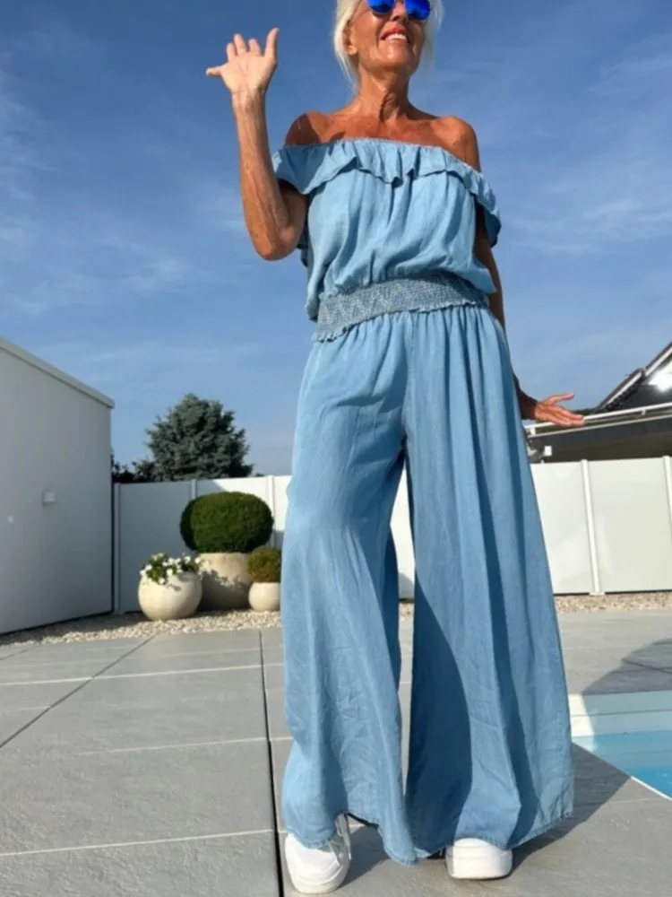 

Летний комплект из 2 предметов, женский однотонный комплект из 2 предметов со свободными плечами, модный повседневный комплект брюк, модный элегантный повседневный комплект из двух предметов для женщин