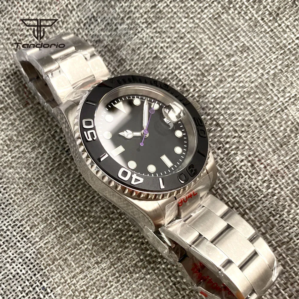 Tandorio NH35A 40mm Men Automatic Dive Watch Sapphire Glass Black Sterile Dial Purple Second Pointer Rotating Bezel Screw Crown