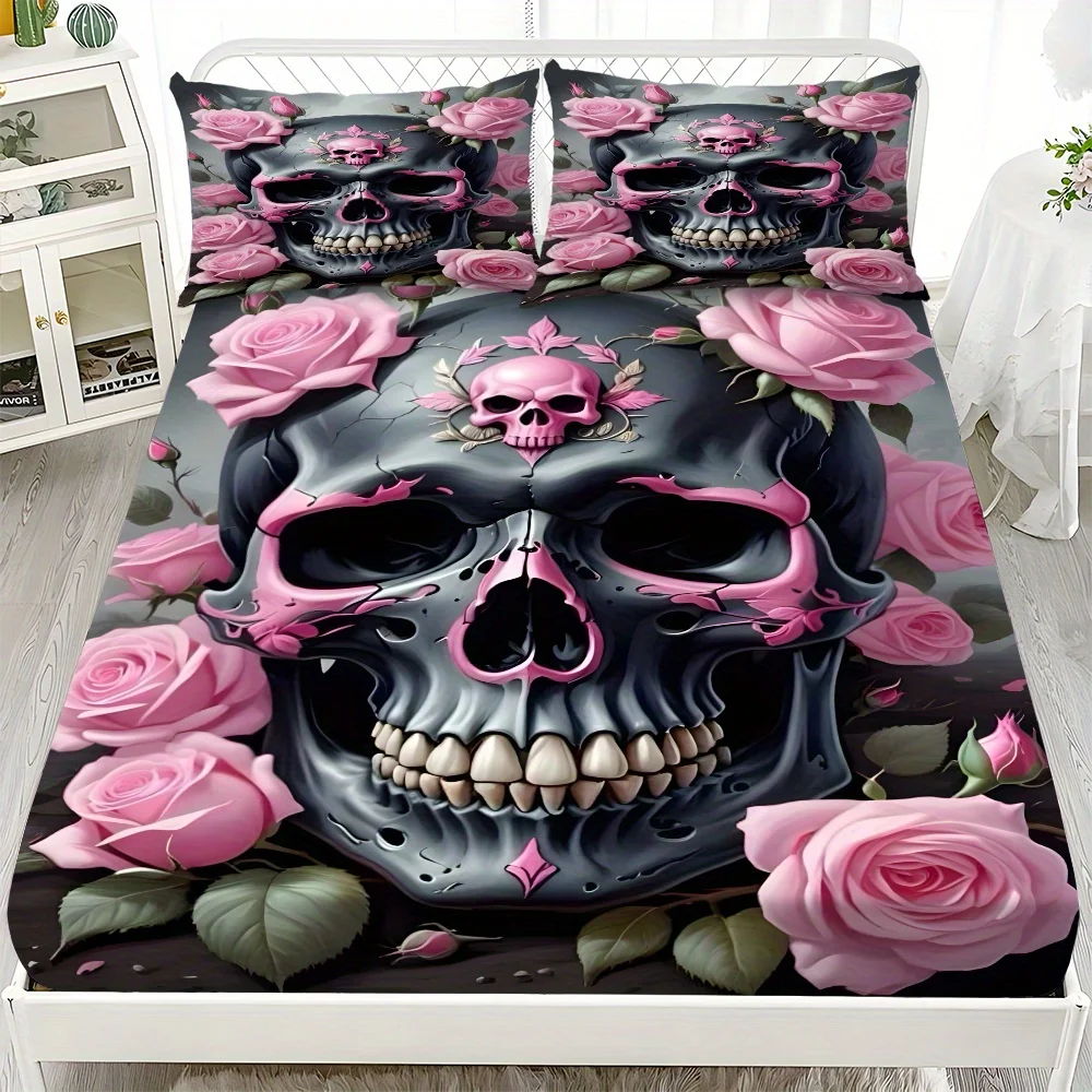 

1pc Gothic Style Fitted Sheet Pink Skull 3D Print 100% Polyester Cover Breathable Bedding Set Home Decor without Pillowcases