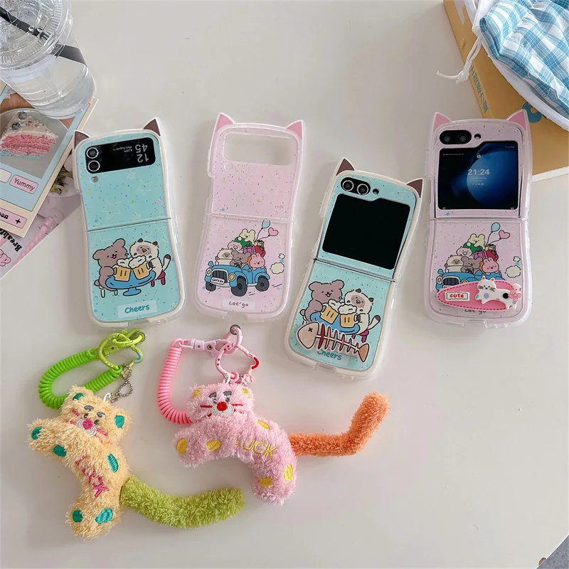 Party Animals Cute Cat Ear Phone Case for Samsung Galaxy ZFlip3 ZFlip4 ZFlip5 ZFlip6 Hard PC Back Cover for Z Flip 6 Case Shell