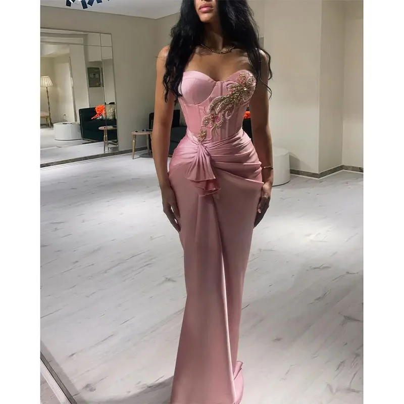 

Sexy Sweetheart Neck Pink Prom Dresses Mermaid Beads Sequins Ruched Sleeveless Floor-length Modern Style Formal Evening Dresses