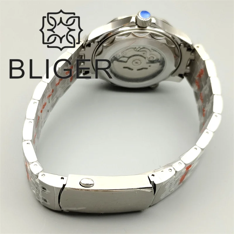 BLIGER 41mm Mechanical Men Watch Sapphire Glass Date Gradient Ice Blue Ceramic Bezel NH35 Stainless Steel Band Rotating Waterpro