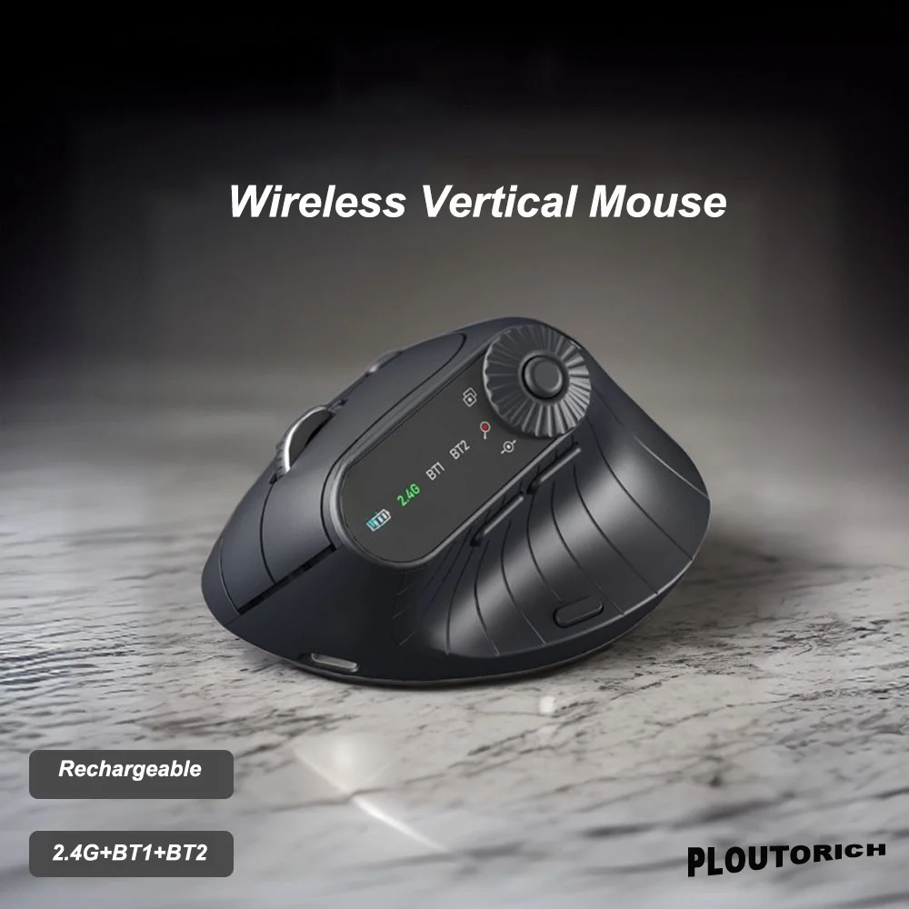 Wireless 2.4G Bluetooth Dual-mode Mouse Vertical Ergonomics Design Display Screen Rechargeable Connect 3 Device Office Use Mice