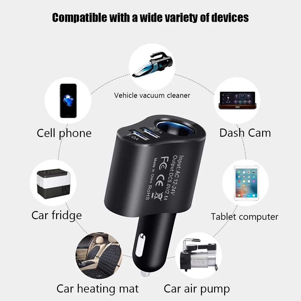 HKGK 3.1A Dual USB 3 in 1 Car Charger 3 Ports 12-24V Cigarette Socket Lighter Fast Car Charger Power Adapter Car Styling