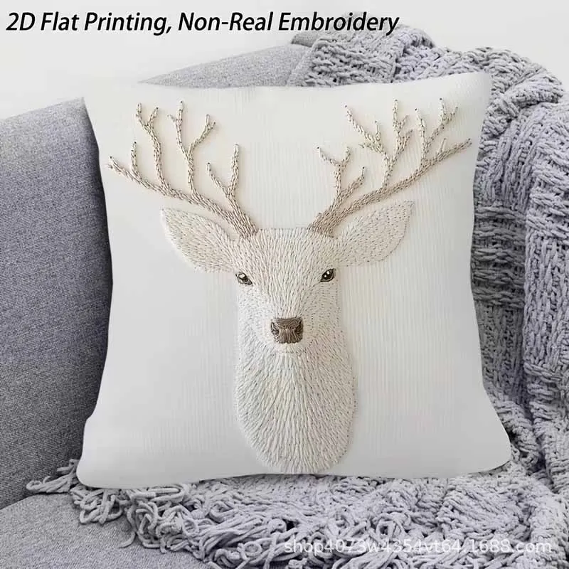 VIKAMA Minimalistischer Kissenbezug mit Hirschkopf-Stickerei im Naturstil, Vielseitig Einsetzbar für Wohnzimmer und Schlafzimmer Moderne Wohndekoration