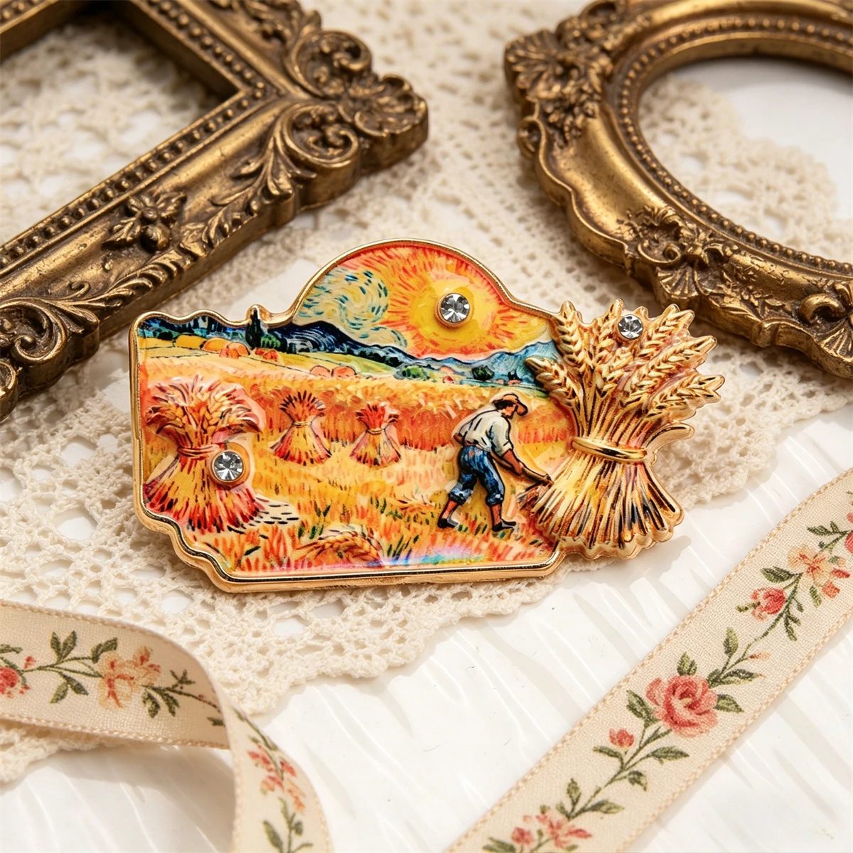Vintage Oil Painting Art Wheat Field Enamel Brooch "The Reaper" Lapel Pin Rhinestone Jewelry Gift for Women Men Round Badges view 2