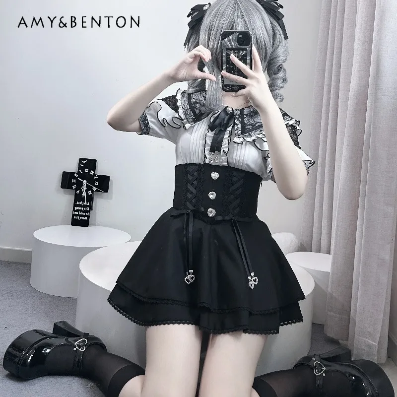 Dubbele Strik Pop Kraag Japanse In Massa Geproduceerde Patchwork Kleur Korte Mouw Zomer Zoete Leuke Lolita Veelzijdige Shirts