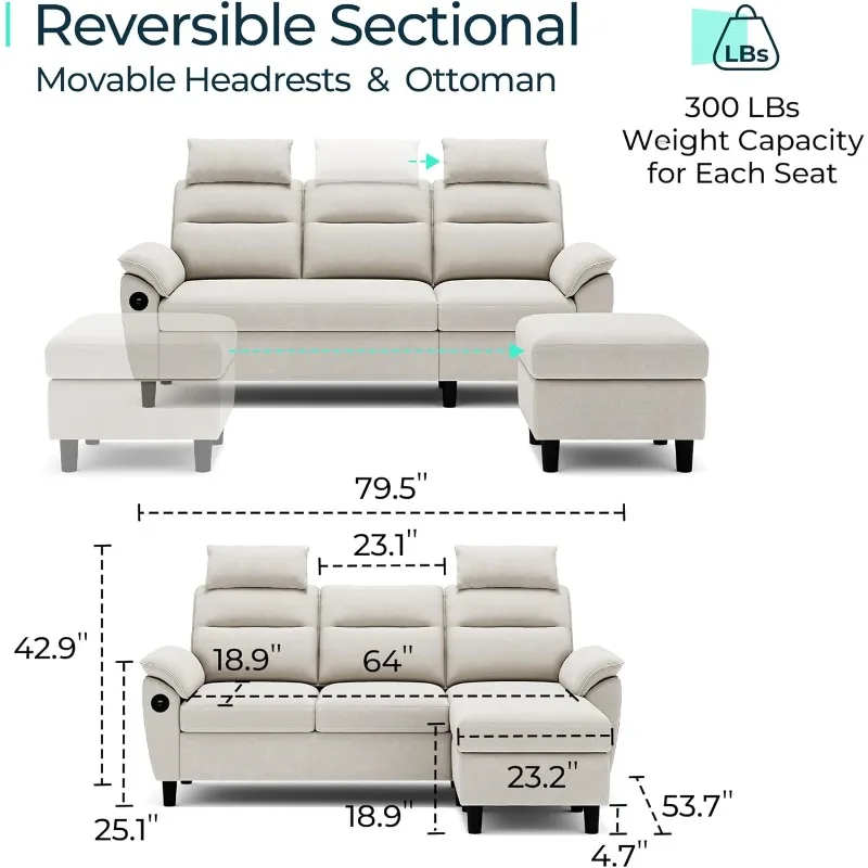 Sectional Sofa, High Back Sectional Couch with Ottoman, 2 USB and Storage Bags, L Shaped Sofa with Extra Headrests