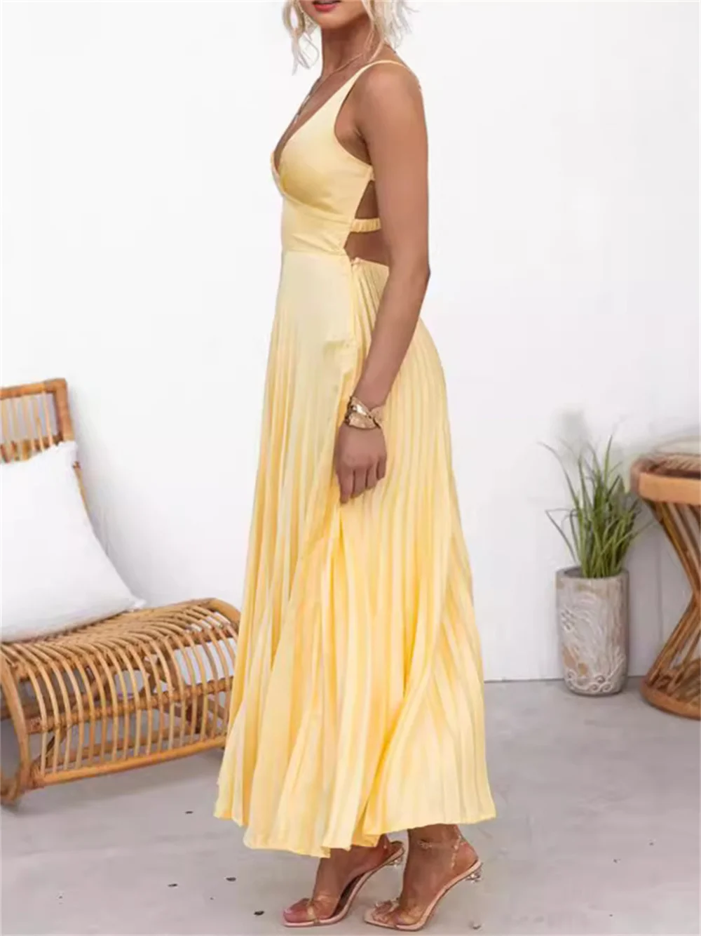 Elegant Yellow Satin Sling Draped Long Dress for Women 2024 Summer Deep V Neck Backless A-line Draped Evening Party Club Dresses