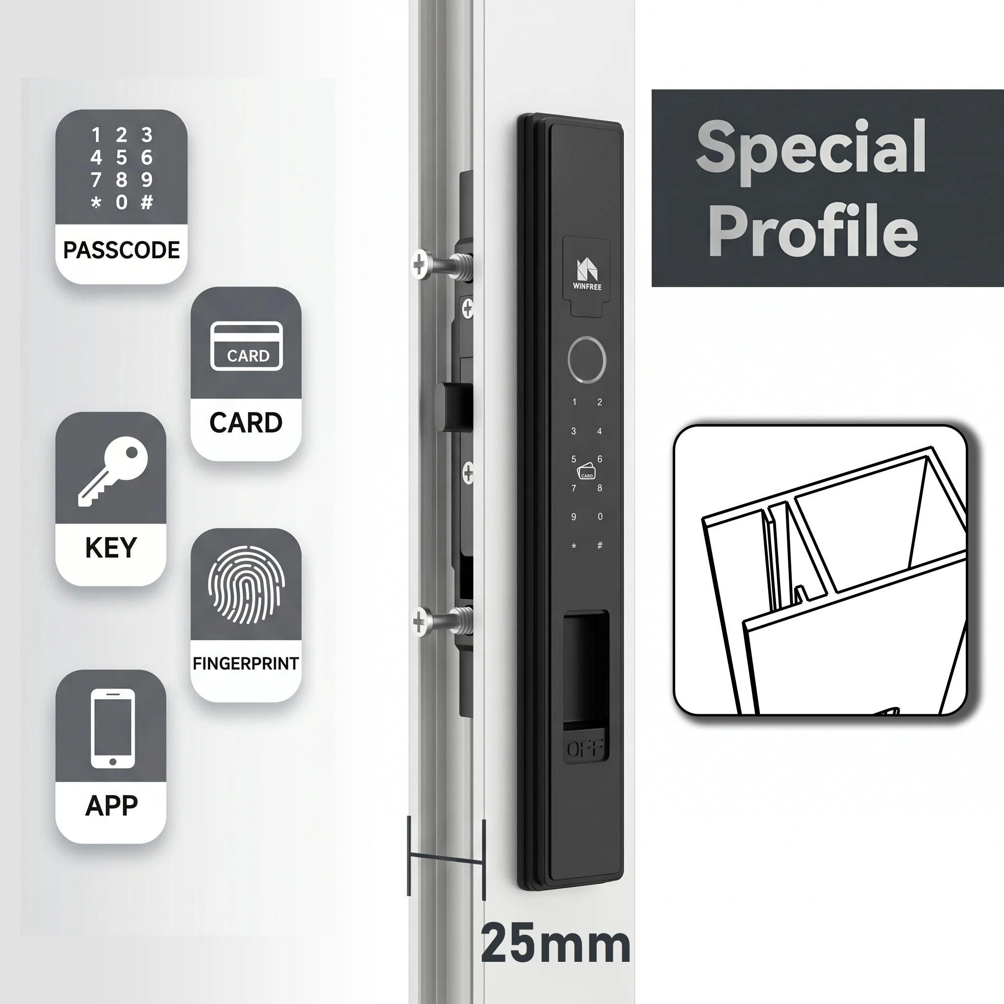 

WINFREE Tuya Bluetooth Digital Lock Special Aluminium Profile Sliding Door Smart Lock Passcode Fingerprint Smart Card Door Lock