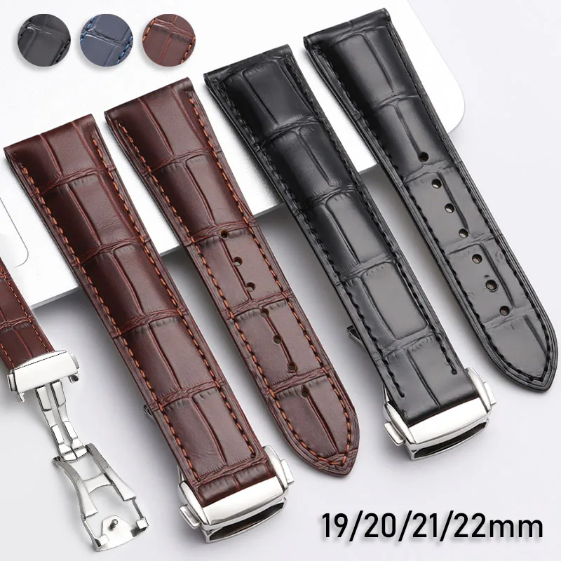 Leather Watch Strap 19mm 20mm 21mm 22mm for Omega Seamaster Speedmaster Universal Band Folding Buckle Wristband Cowhide Bracelet