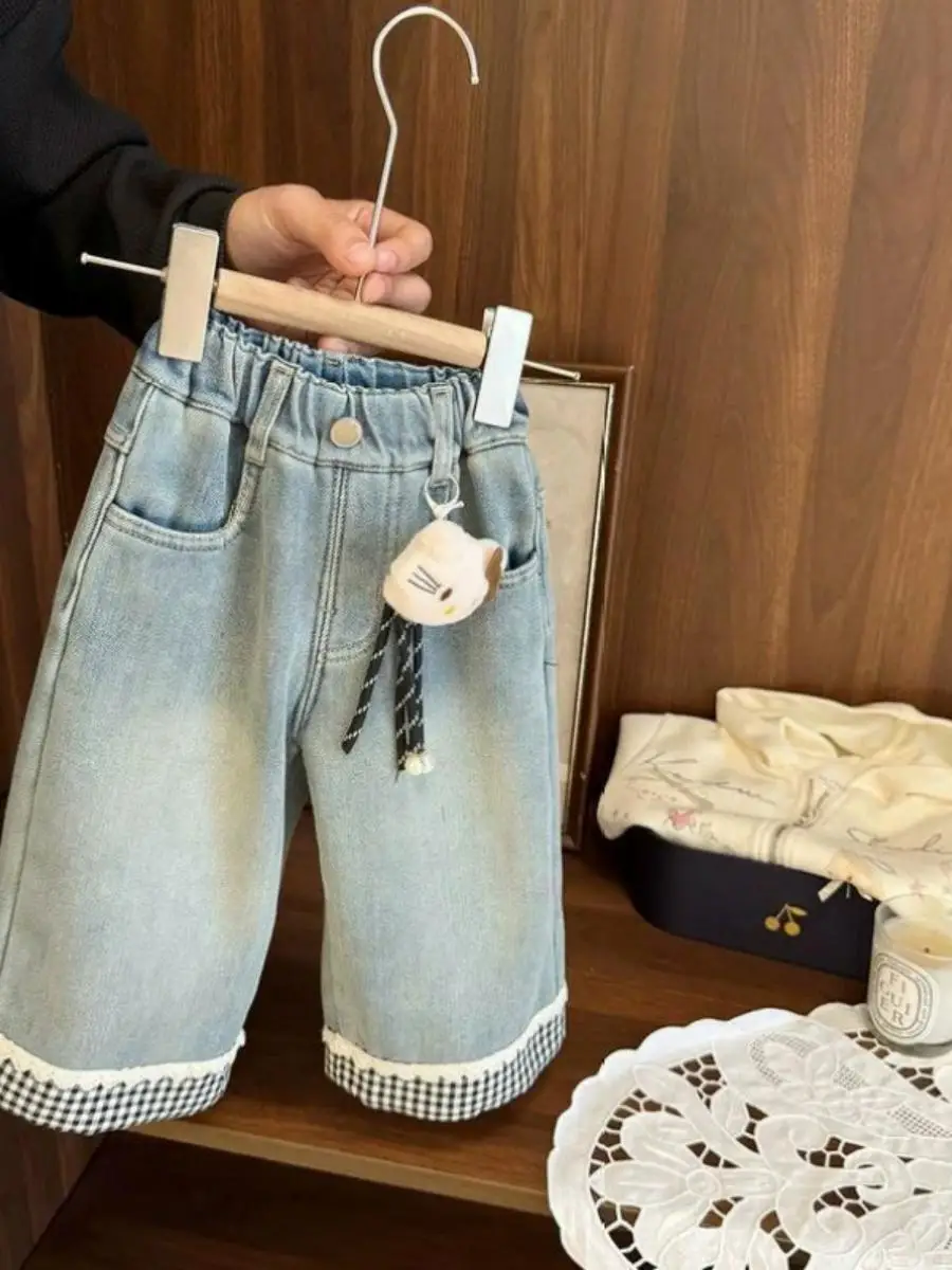 Ultra-Vintage Matte Denim Pants Thiened Inteated Fce Straight Leg Trousers for Baby Girls Autumn Winter Seasonal Wear