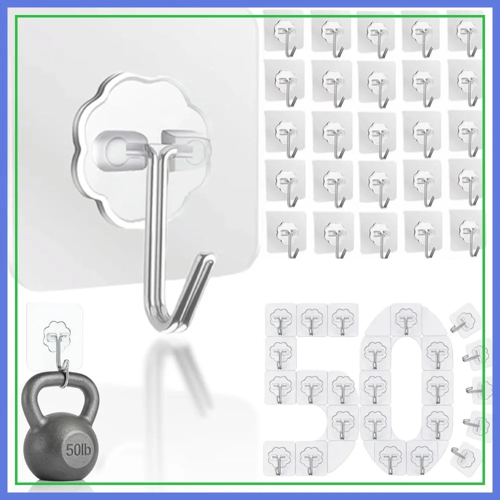 

50 Pack Transparent Adhesive Hooks, 50lb Max, Heavy Duty Waterproof Hooks for Hanging Towels, Curtains, Coats, No Damage