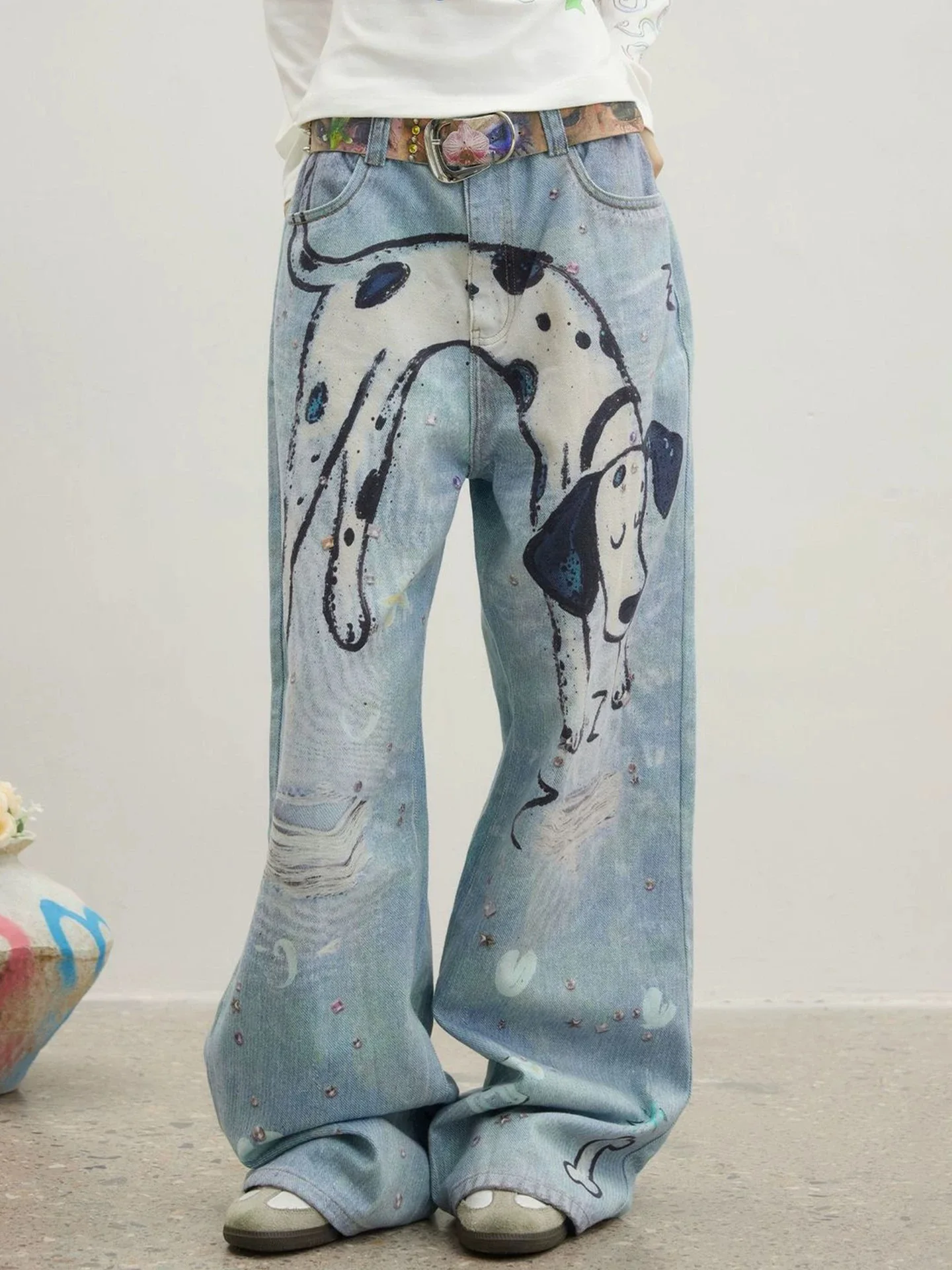 Y2K Puppy Print Jeans Women American Washed Distressed Retro Autumn Trend Loose Straight Wide Leg Pants