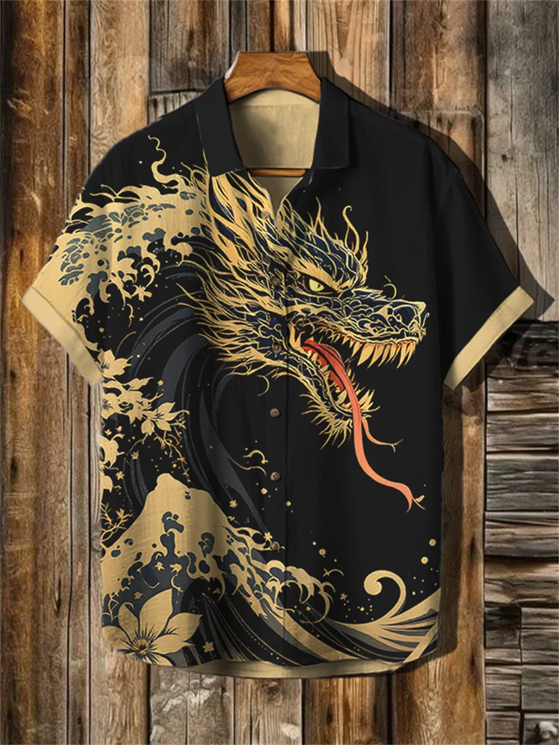 New men's luxury linen shirt retro short sleeved top 3D mountain print lotus pattern casual shirt men's top