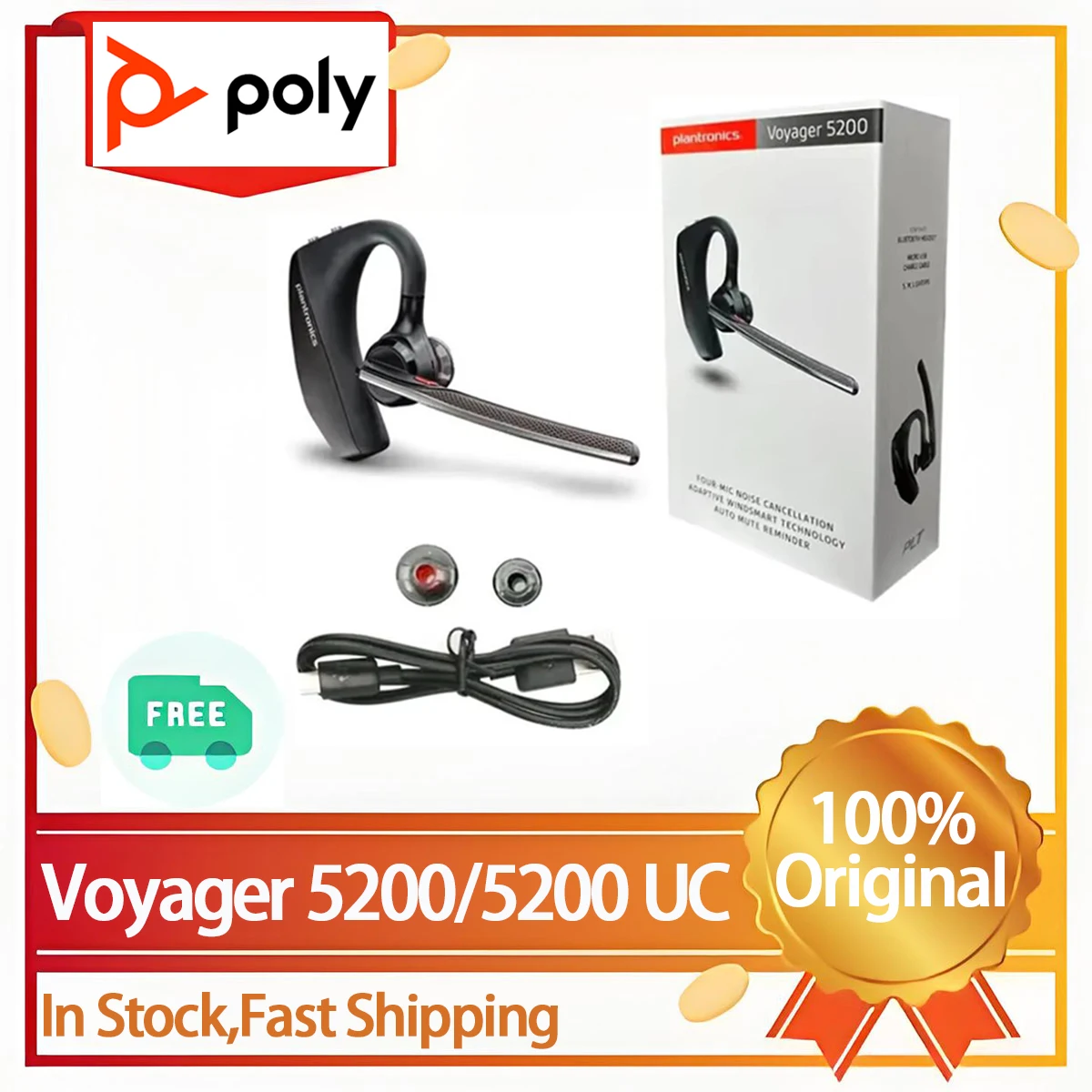 Poly PLT Voyager 5200/5200 UC Bluetooth ワイヤレス ヘッドセット