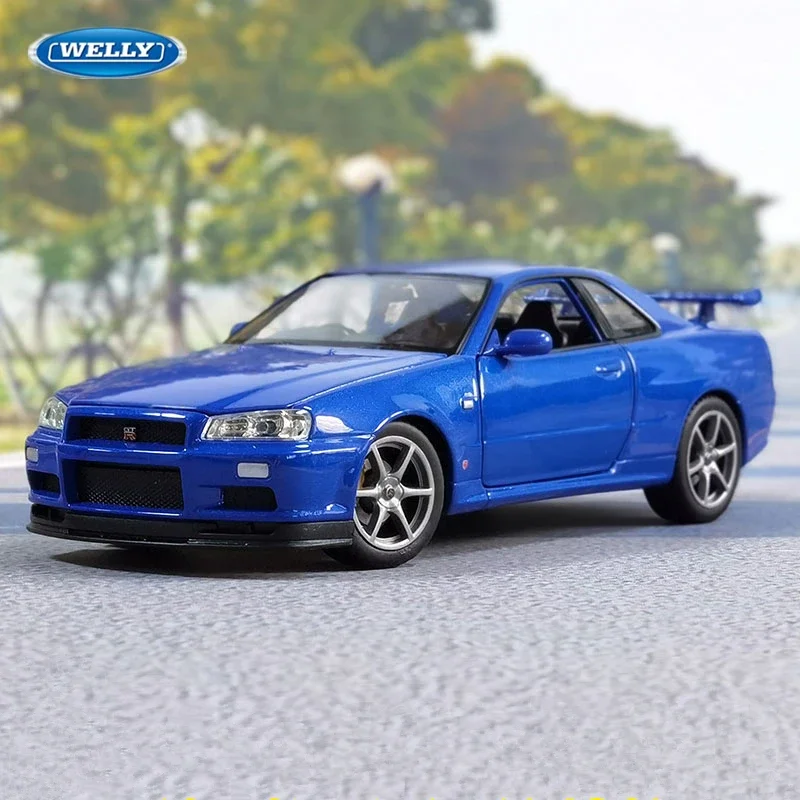 

Модель спортивного автомобиля Welly 1:24 Nissan Skyline GTR R34 из сплава, модель литая металлическая игрушка, Коллекционная модель гоночного автомобиля, подарок