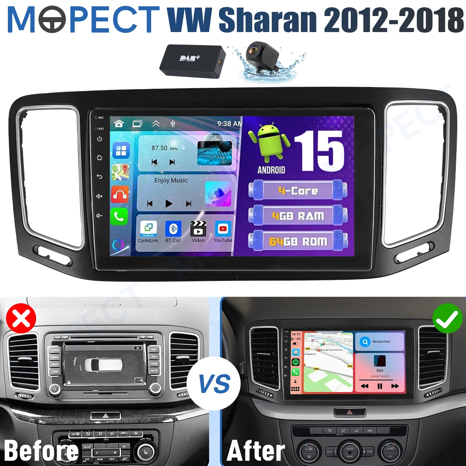 Autoradio MOPECT 4+64GB Android 15 con CarPlay per VW Sharan 7N / Seat Alhambra II 2012-2018, Touchscreen GPS BT+DAB&DVR&CAM