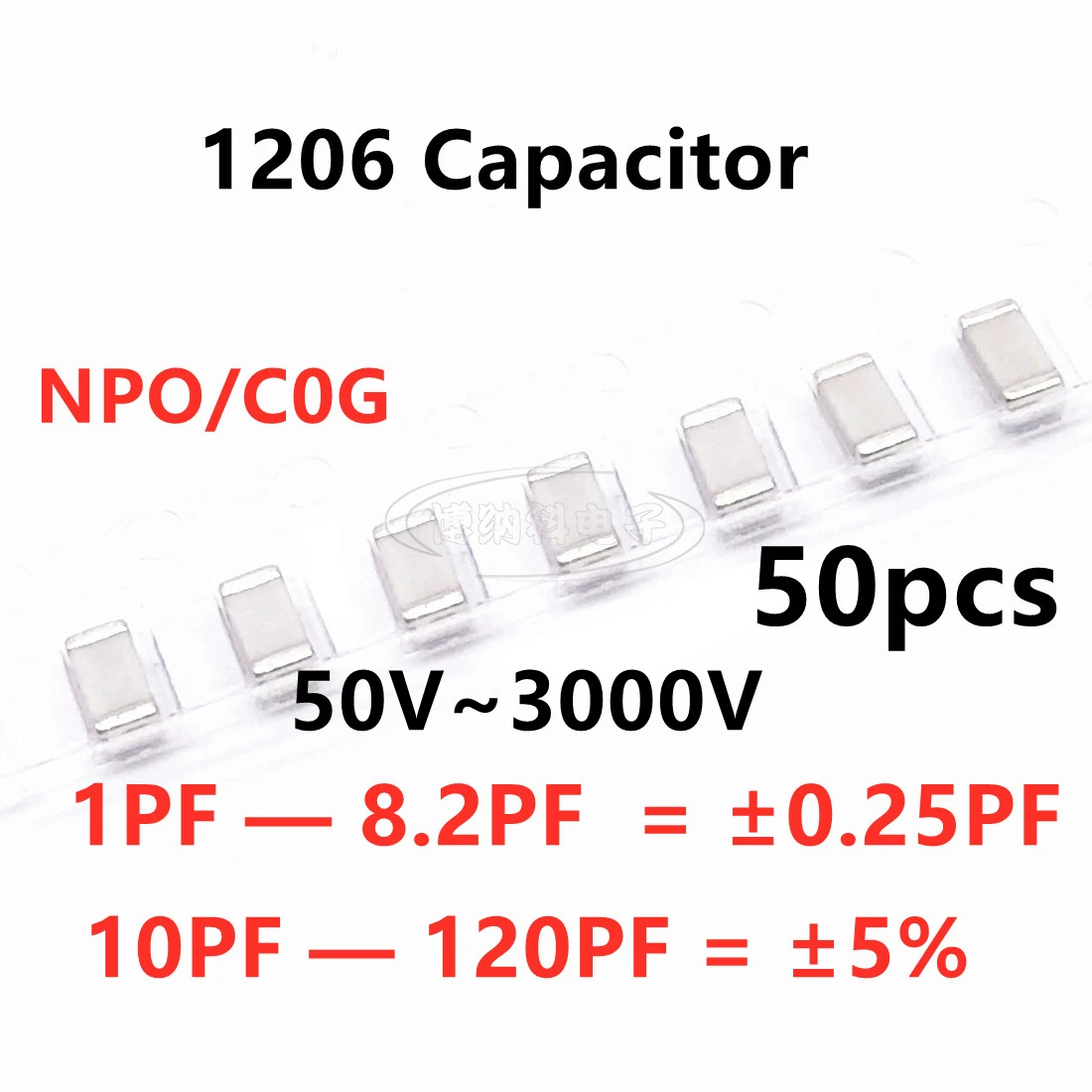 50szt Kondensator SMD 1/1.8/2/2.2/2.7/3/3.9/4.7/5/5.6/6.8/8.2/10/12/15/18/20/22/27/30/33/39/47/56/68/82/100PF 120PF NPO C0G