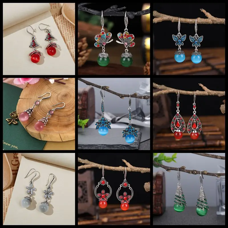 

12 Pairs/Lots Exquisite Rhinestone Opal Dangle Earrings For Women Fashion Jewelry Mixed Style Cat Eye Stone Wedding Earrings