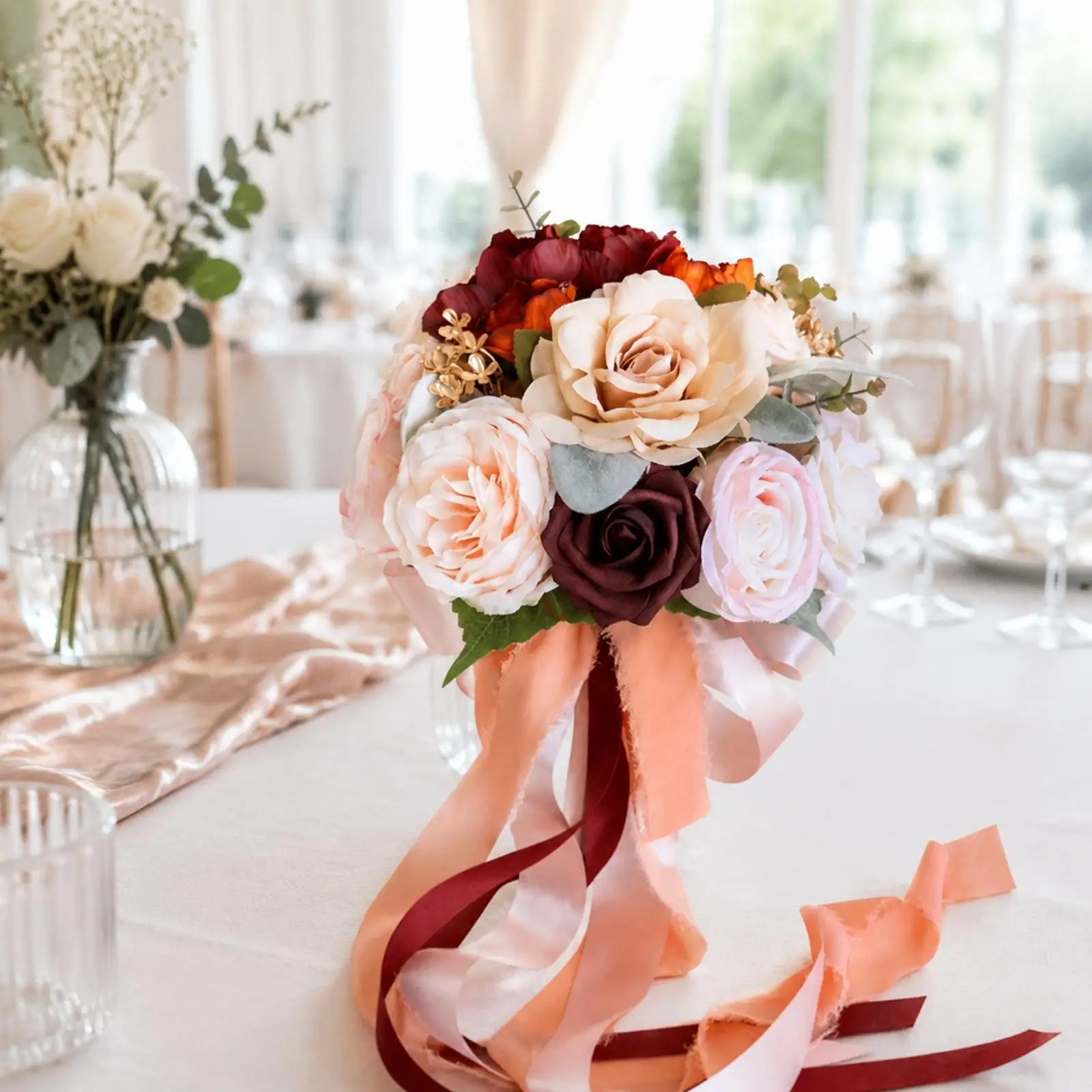Silk Botanical Bouquet with Trailing Ribbons Lightweight Layered Flower Bouquet with Decorative Sprigs Low-Maintenance for