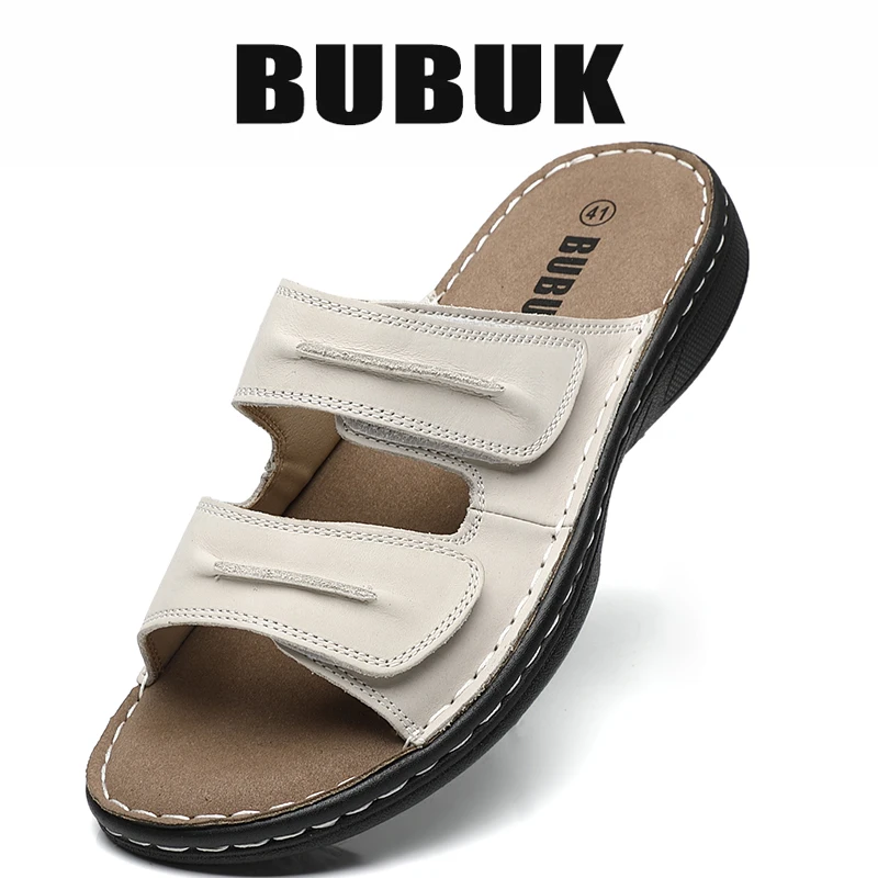 Bubuk Men's Genuine Leather Sports Slippers, Open-Toe Outdoor Non-Slip Sandals, Fashionable Top Layer Cowhide Casual Men's Shoes, with Arch Support, Adjustable Upper, Suitable for Summer Hiking, Travel, and Work Wear view 3