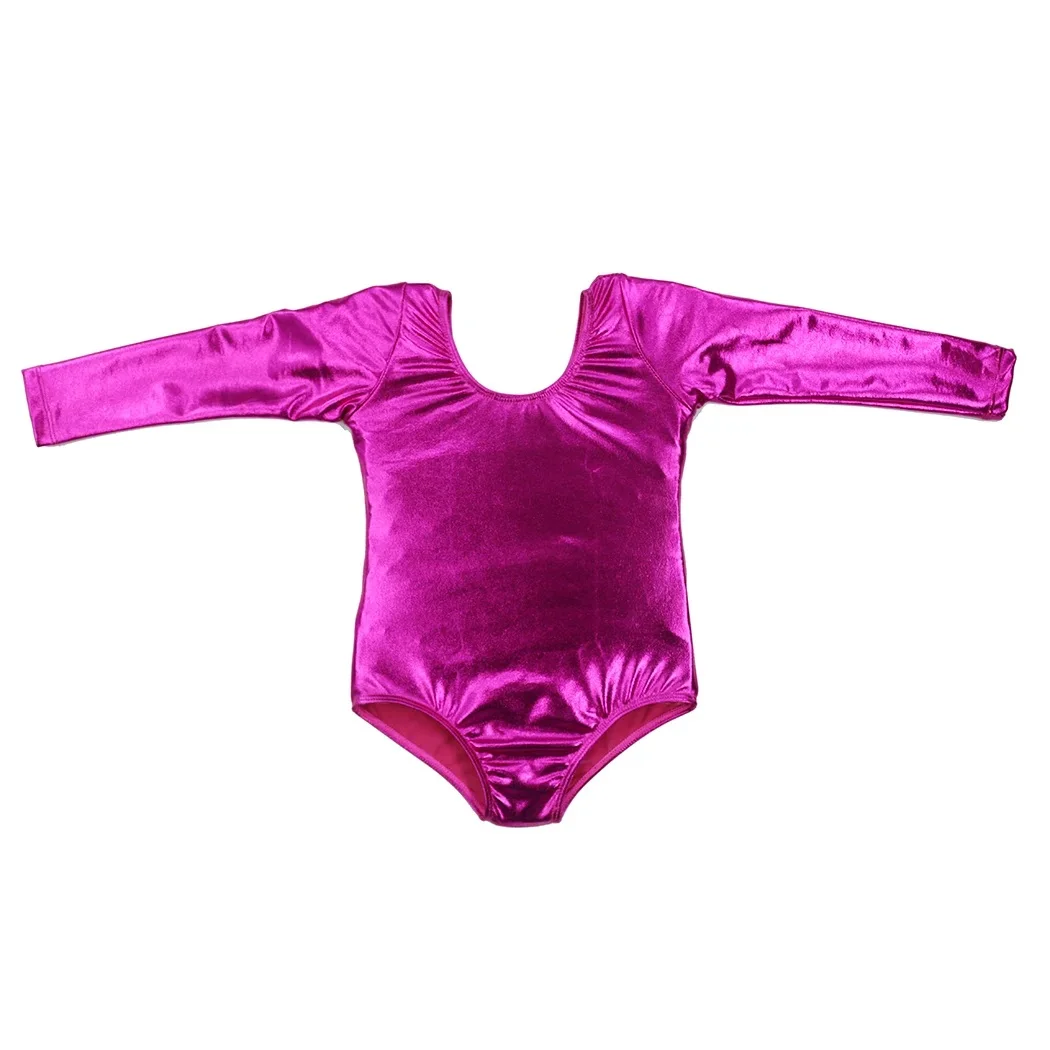 AOYLISEY-Collant de dança do Spandex metálico brilhante, bodysuit de balé, pescoço redondo, ginástica, crianças