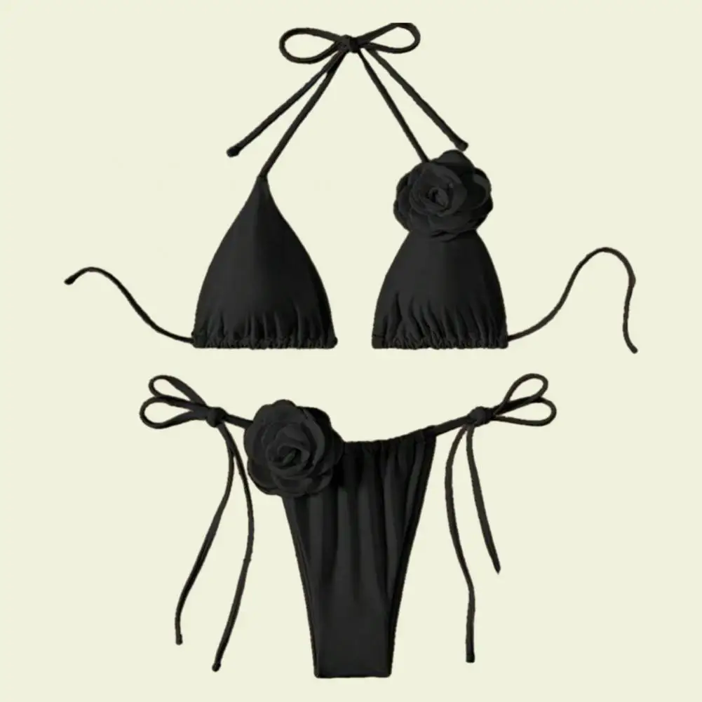 Traje de baño con hombros descubiertos para mujer, conjunto de Bikini con cuello Halter con decoración de flores falsas, ropa de playa de retazos a