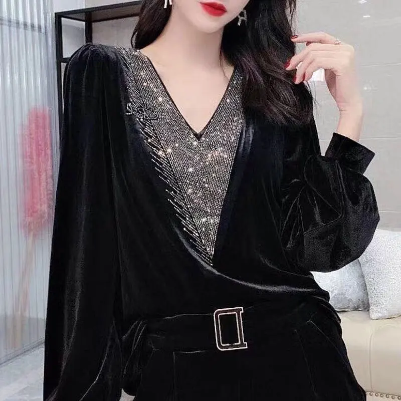 Elegant Sexy V-Neck T-shirt Stylish Diamonds Women's Clothing Solid Color Spring Autumn Casual Pleuche Long Sleeve Pullovers New