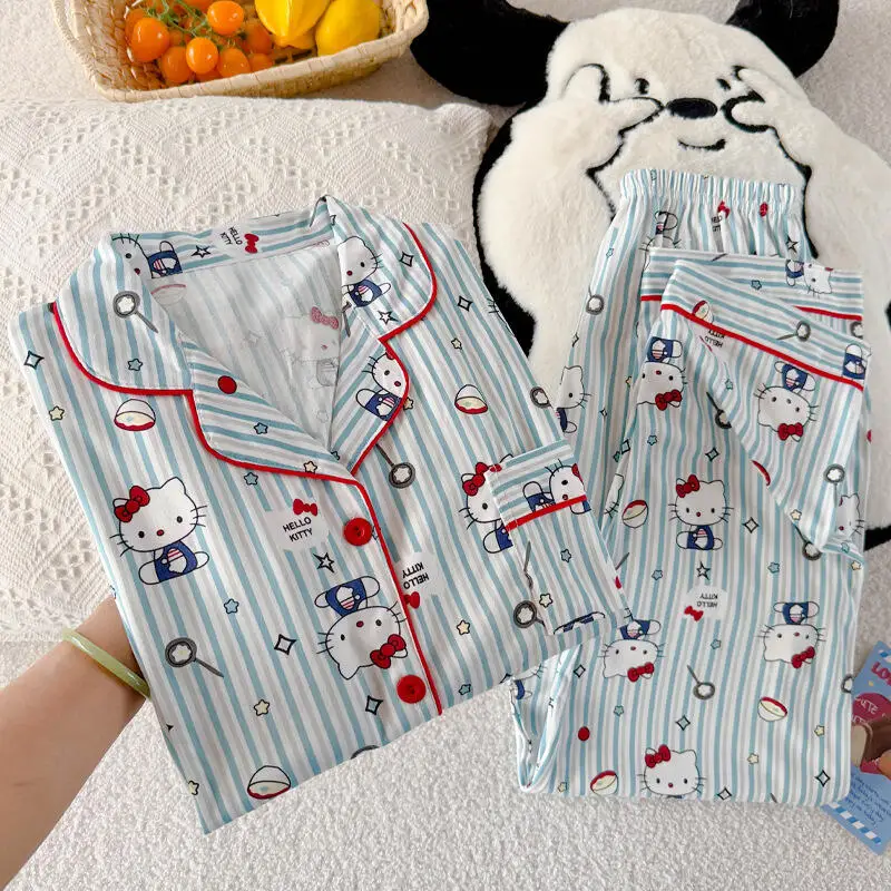 حار جديد أنيمي لطيف مرحبا كيتي المرأة بيجامة الكرتون صورة Kawaii الحلو نمط فتاة ملابس المنزل في سن المراهقة طويلة الأكمام بنطلون بيجامة