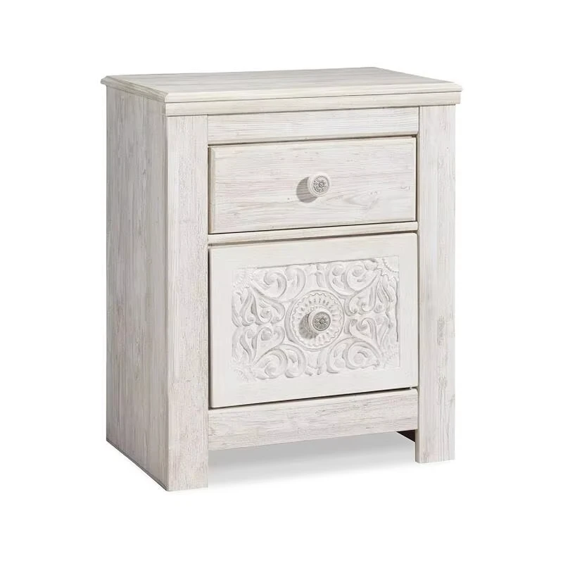 Hand carved white solid wood bedside table 2 drawers retro bedside table