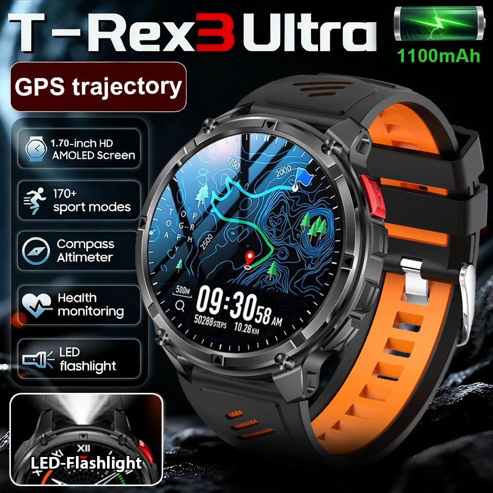 Nuevo T-Rex3 Ultra 1100mAh batería reloj inteligente linterna GPS pista brújula IP69K impermeable deportes al aire libre relojes inteligentes militares