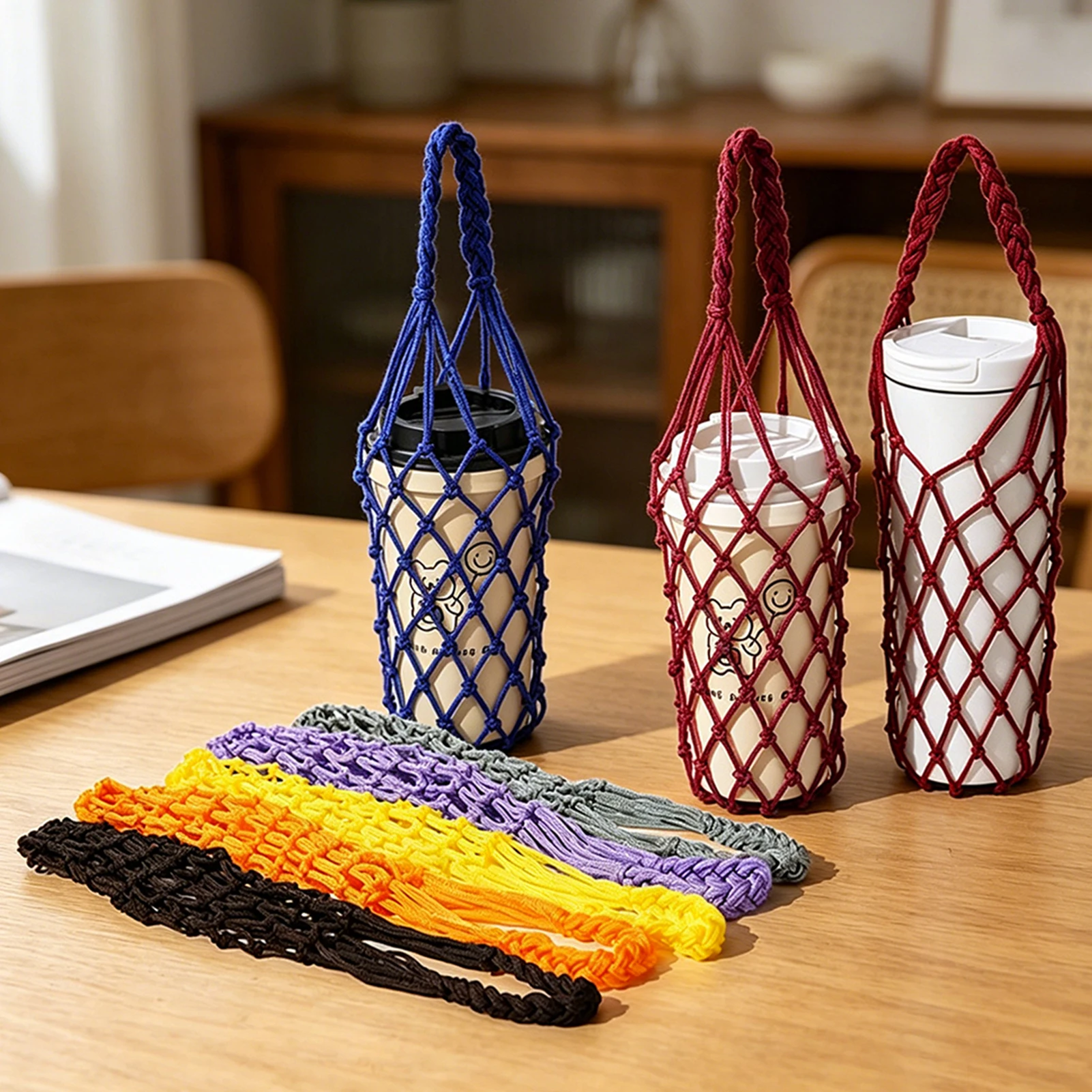 Crochet Bottle Holder Portable Insulated Woven Net Pouch For Cold Hot Drinks Eco Friendly Beverage Mesh Bag
