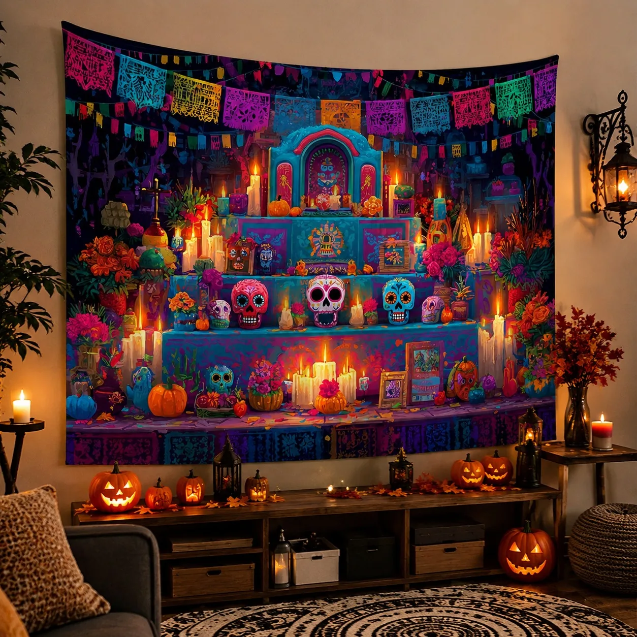 2D Flat 1pc Colorful Sugar Skull Tapestry Day Of The Dead Altar Wall Hanging  Festive Dia De Los Muertos Bedroom