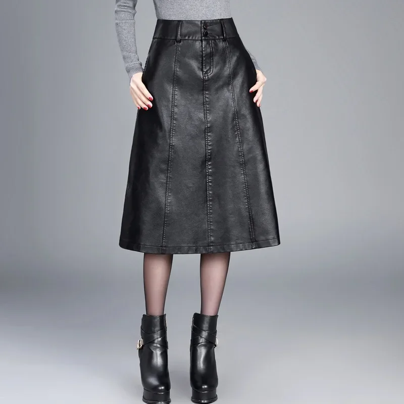 

Women A-line PU Leather Skirt New Autumn Winter High Waist Elegant Chic Loose Casual Office Lady Mid-long Skirts Pockets P303