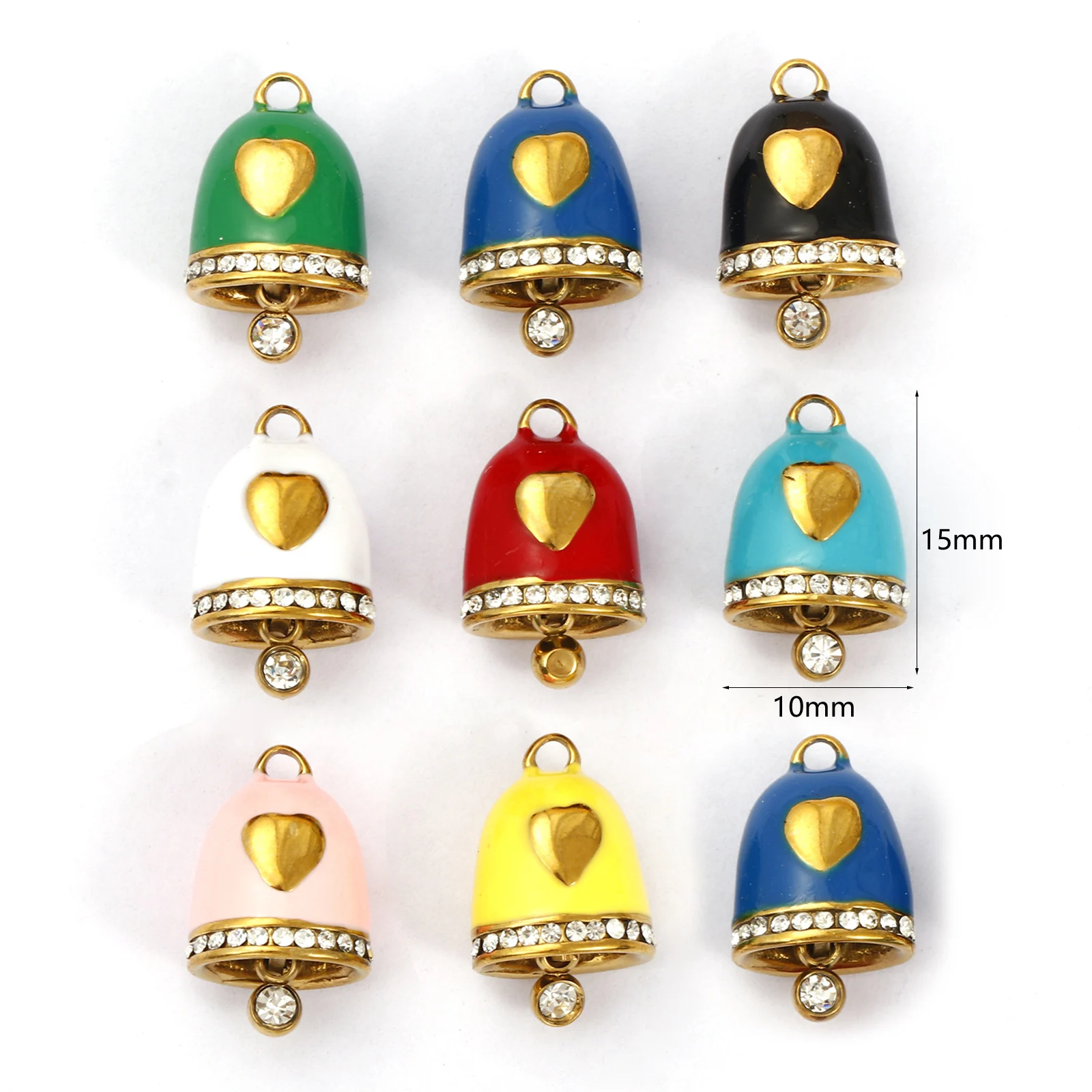 1PC Stainless Steel Christmas Charm 18K Gold Plated Enamel Bell Heart Micro Pave Clear Rhinestone Pendant DIY Neckalce 15mmx10mm