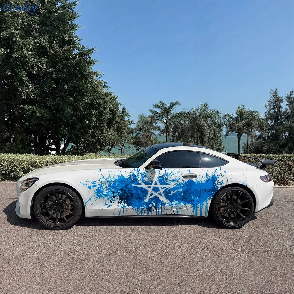 2pcs Dynamic Blue & Black Splatter Star Car Side Wraps, Self-Adhesive PVC Waterproof & Scratch-Resistant Stickers, Car Accessory