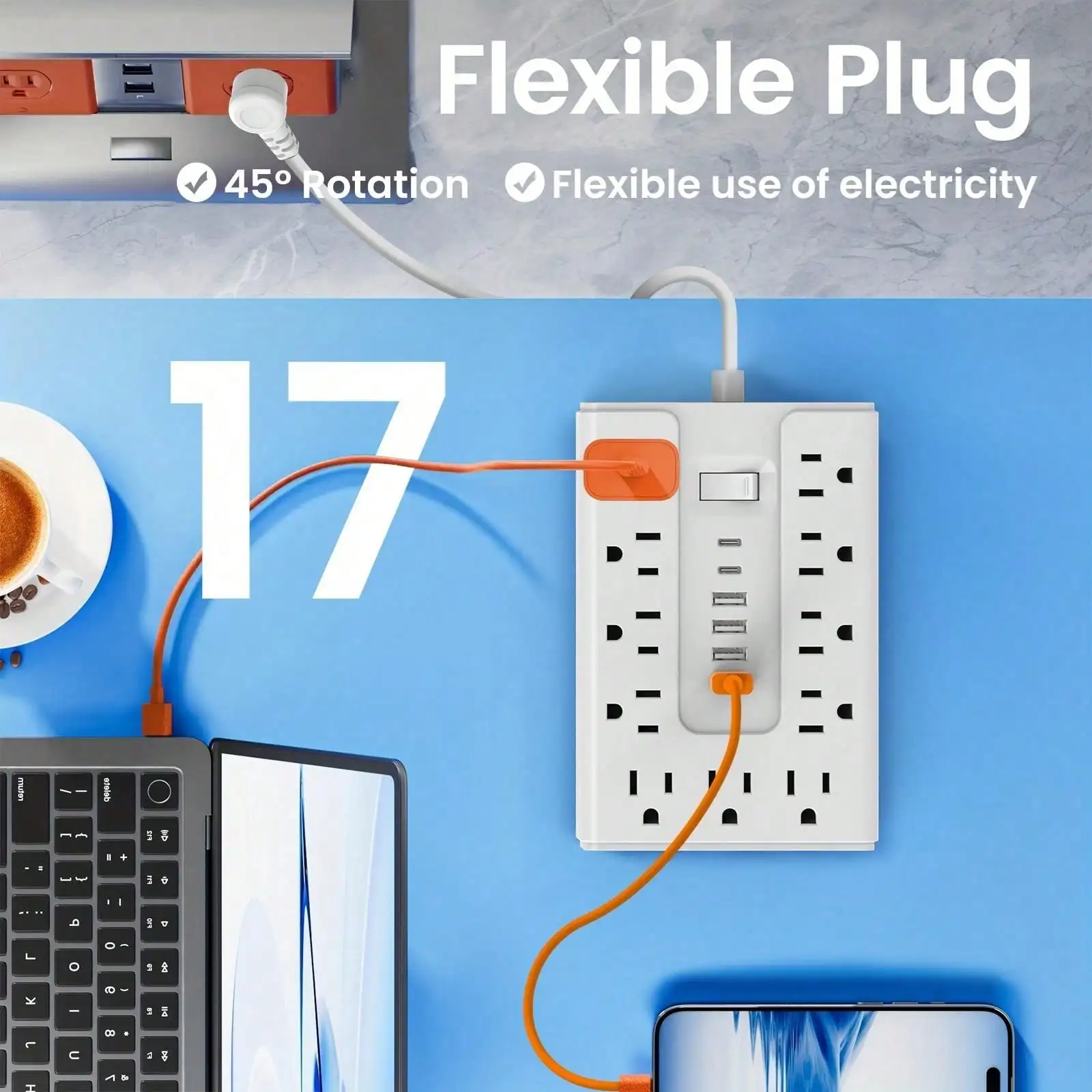 Power Strip Surge Protector, 11 Widely Outlets with 6 USB Ports (2 USB C), Multi Plug Wall Outlet Extender, 5FT Extension Cord