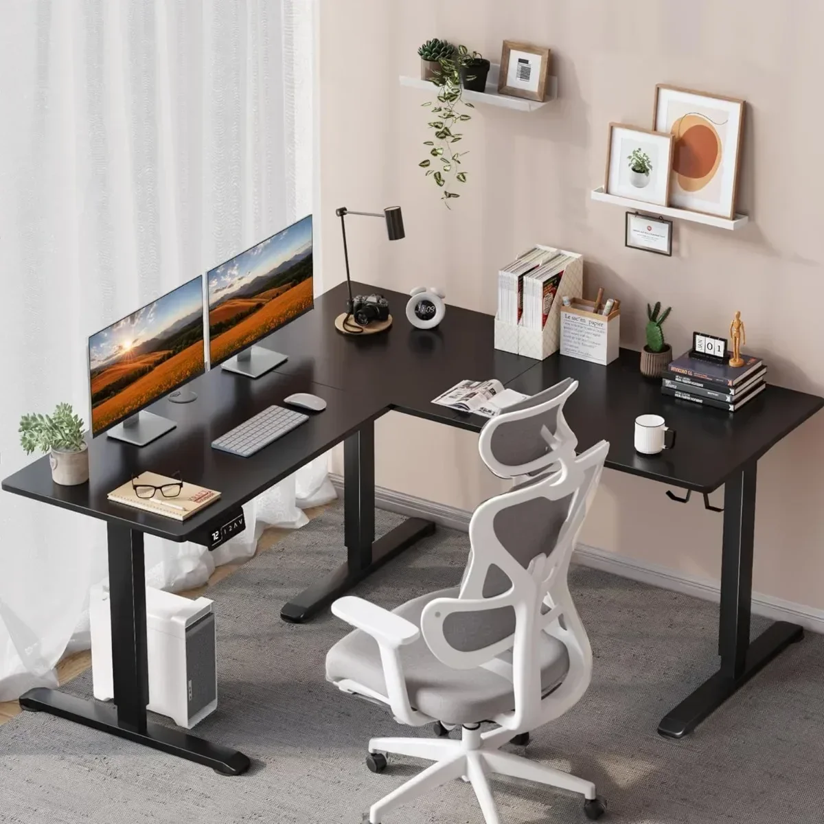 L-Shaped Electric Standing Desk, 63 x 55 Inches Height Adjustable Coner Table, Home Office Computer Workstation