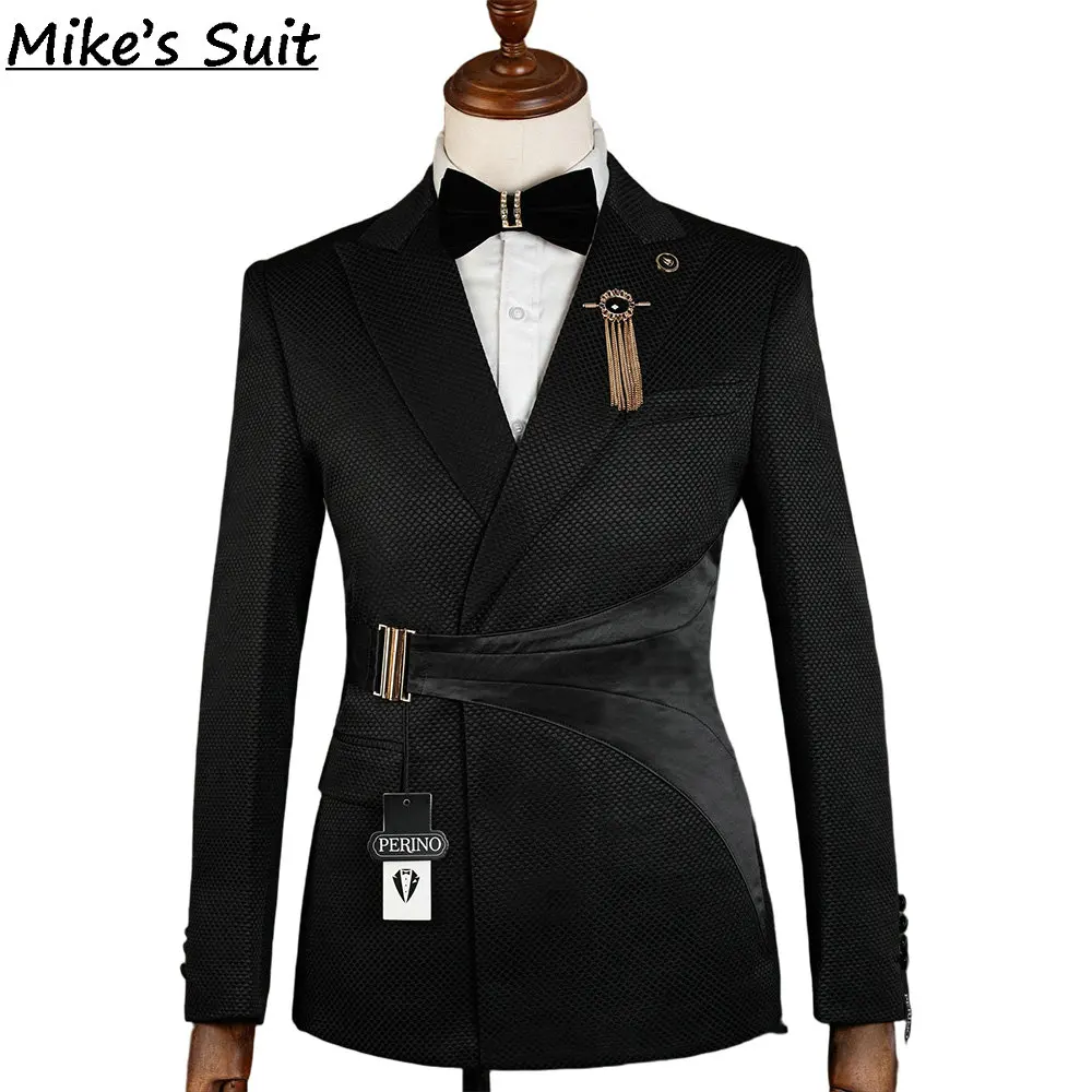 Men 2 Pieces Textured Tuxedo Satin Waist Belt Decor Blazer Pants Wedding Groom Prom Stage Evening Party Custom Suit Set