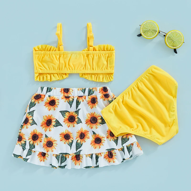 9M-4T Kids Girls Swimwear and Cover Up Summer Floral/Tie Dye Print Camisole Bra Elastic Shorts and Ruffle Skirt 3-Piece Set