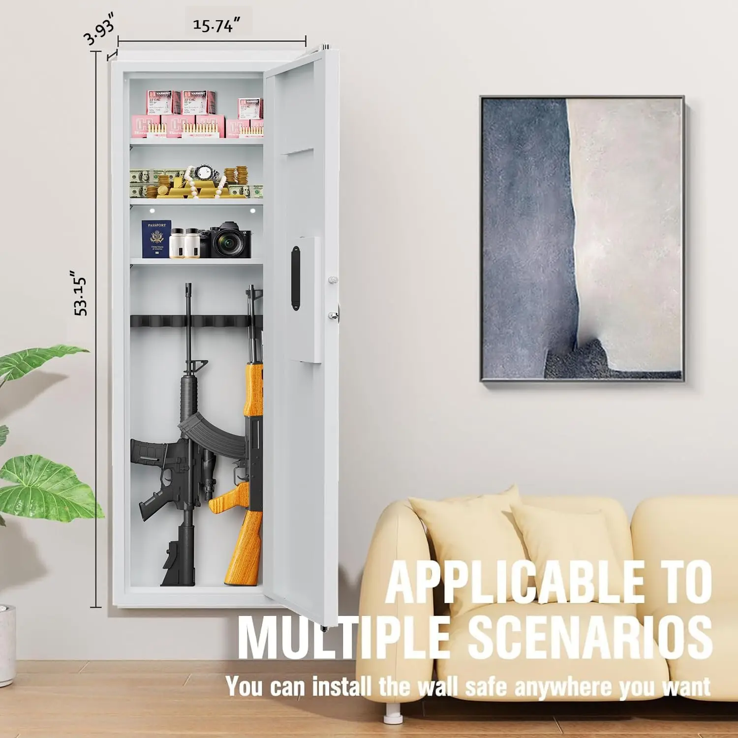 Caja fuerte para pistola de pared de 53" con acceso a huellas dactilares: caja fuerte de pared oculta para rifles, estantes ajustables, perfecta para guardar armas de fuego y