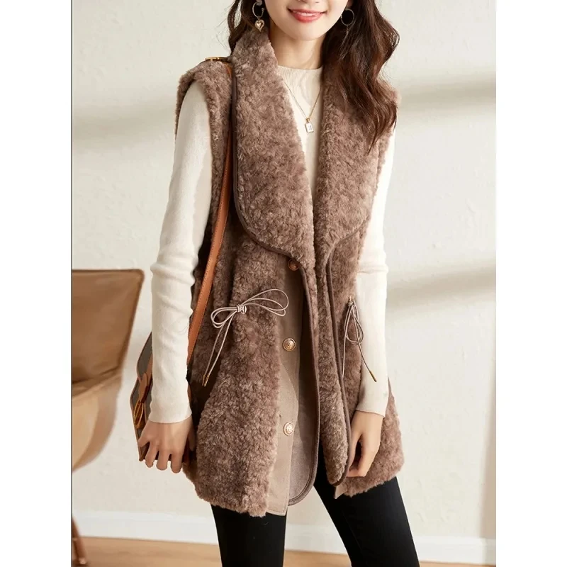 Lamb Wool Vest Jacket Women Autumn Winter Solid Color Thick Sleeveless Coat Chaleco Mujer Fashion Drawstring Female Waistcoat