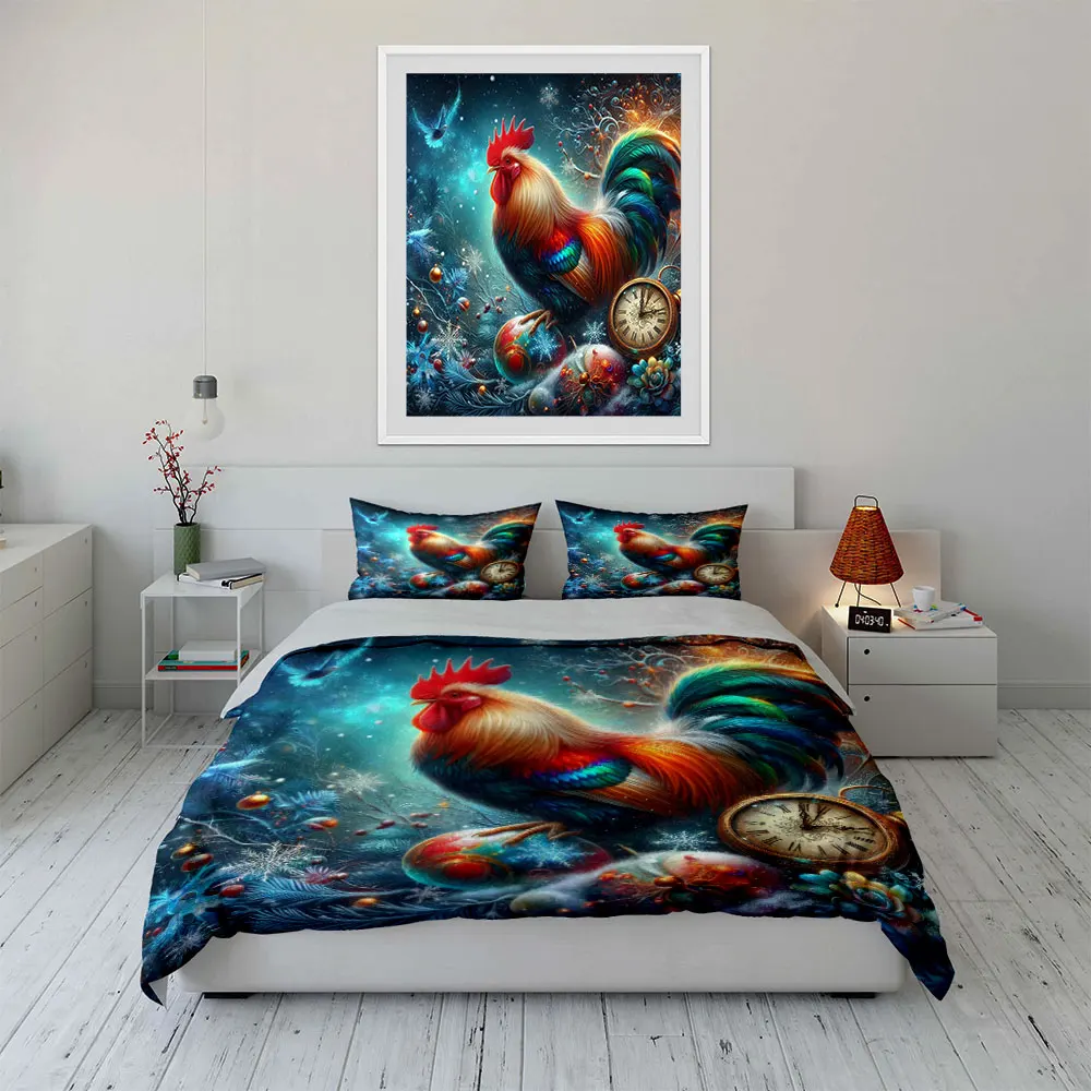 Colorful rooster with winter elements Pattern Duvet Cover Set Digital Print Colorful Polyester Bedding with Zipper Closur gifts