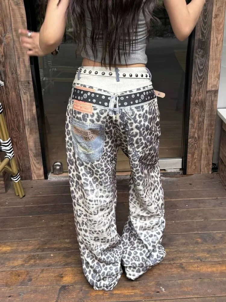 Y2K Pantalones con estampado de leopardo Pantalones vaqueros retro americanos unisex Ropa de calle de pierna ancha con doble cintura