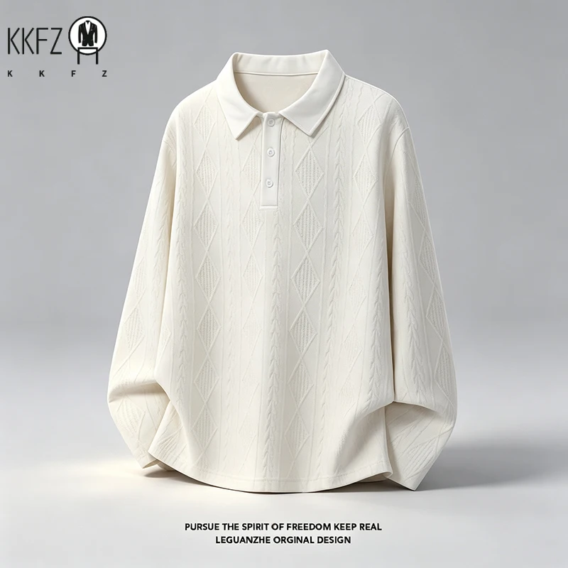 Mens Lapel Collar Long Sleeve Jacquard Polo Shirt Geometric Embossed Texture Soft Handfeel Top For Autumn Wear