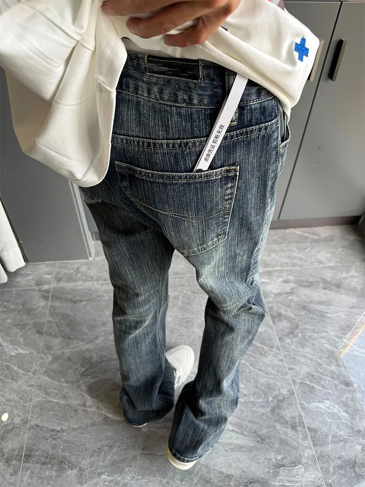 American Style Vintage Distressed Bamboo Texture Men's Jeans Narrow Version Straight Leg Flared Pants Youth Popular Casual Wear